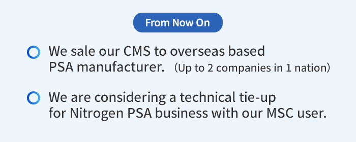 From Now On: We sale our CMS to overseas based PSA manufacturer. (Up to 2 companies in 1 nation) / We are considering a technical tie-up for Nitrogen PSA business with our MSC user.